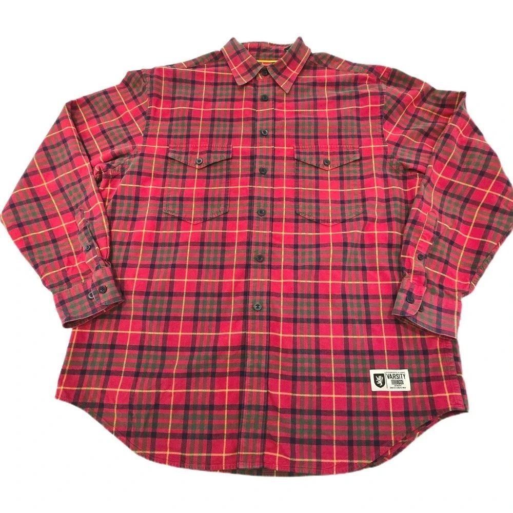 Vtg 90s Roundtree & Yorke Varsity Flannel Shirt Mens Large L Plaid Hong Kong